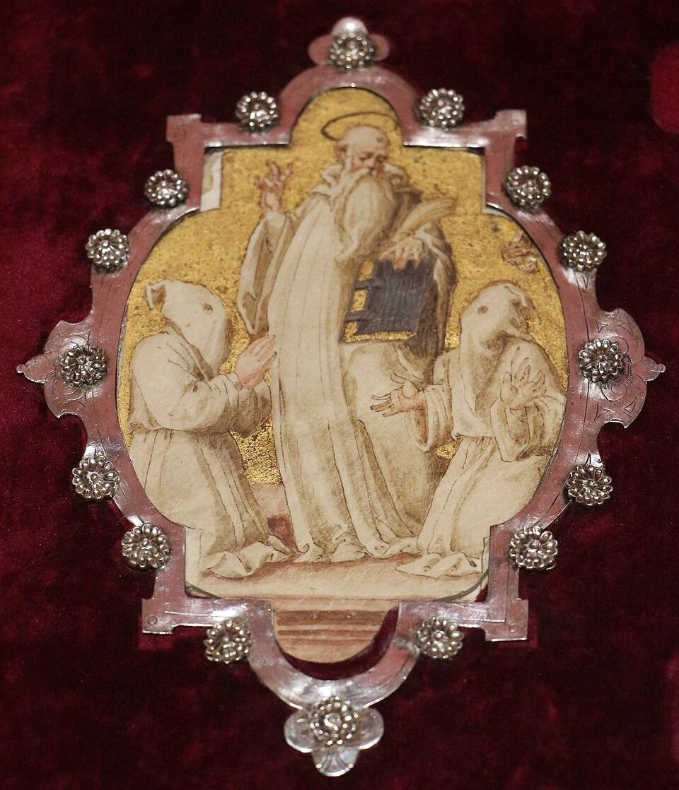 Coperta del libro dei capitoli della compagnia di s. Benedetto bianco, col santo e due confratelli (s. Lucia sul Prato) - attribuito